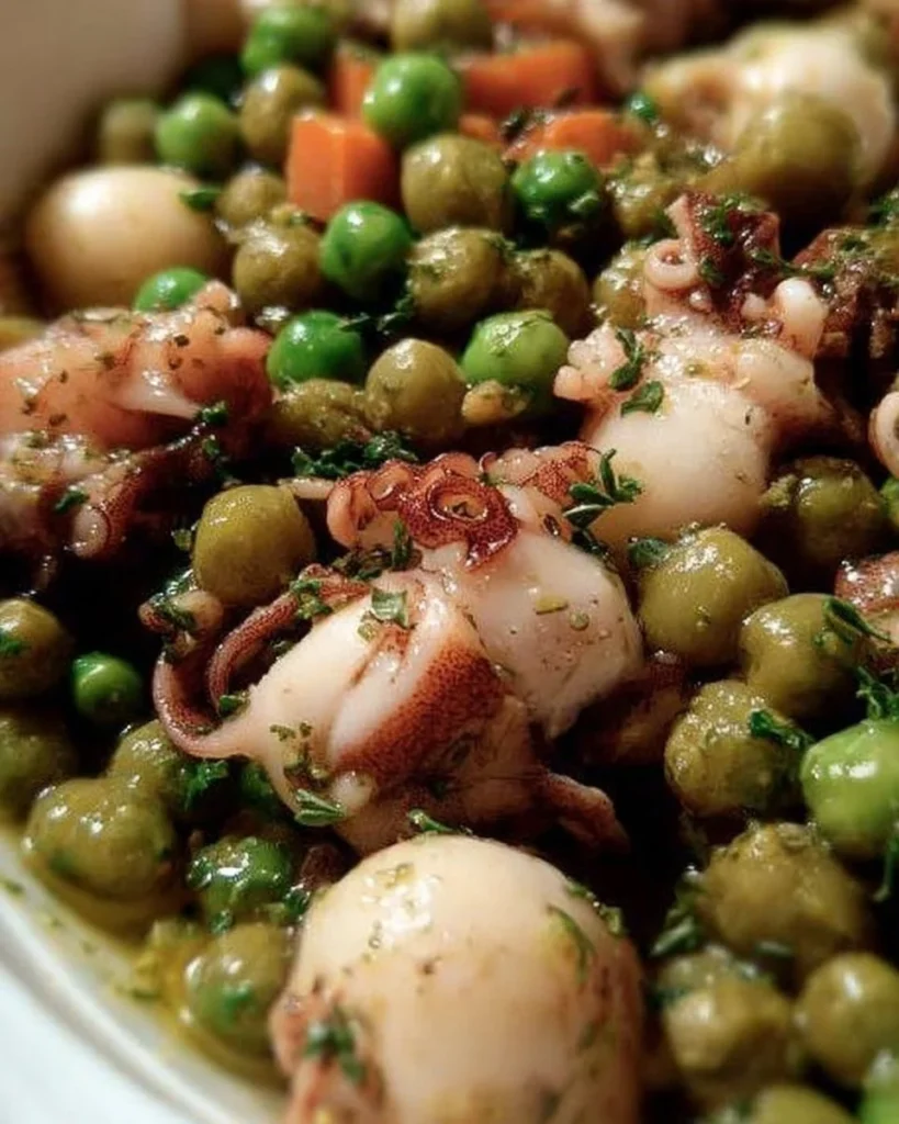 Piatto di seppioline e piselli appena cucinato, servito in un piatto bianco.