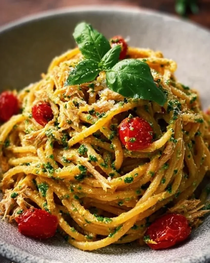Piatto di Spaghetti al Pesto di Tonno con pomodorini freschi