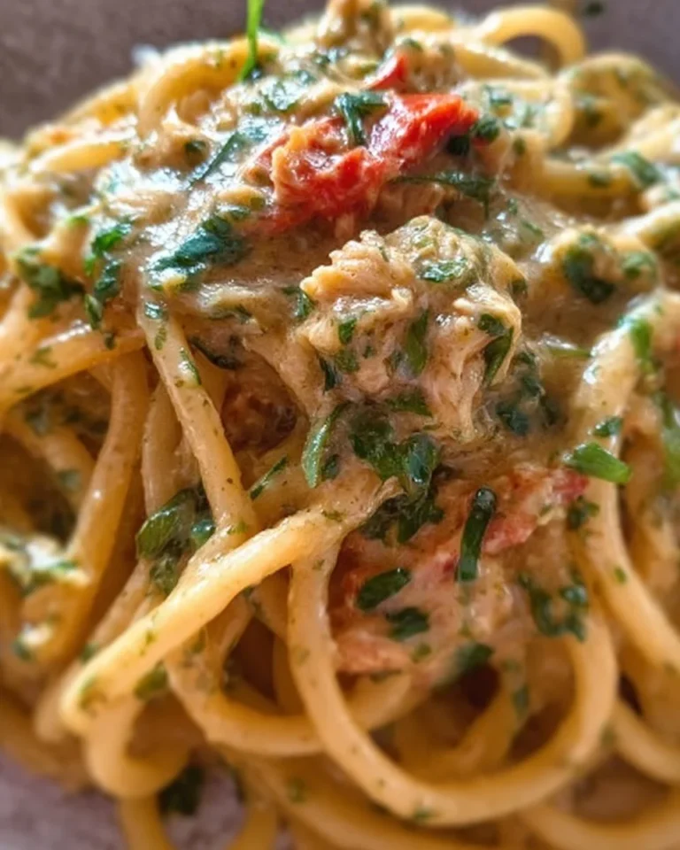 Spaghetti al Pesto di Tonno serviti in un piatto garnito