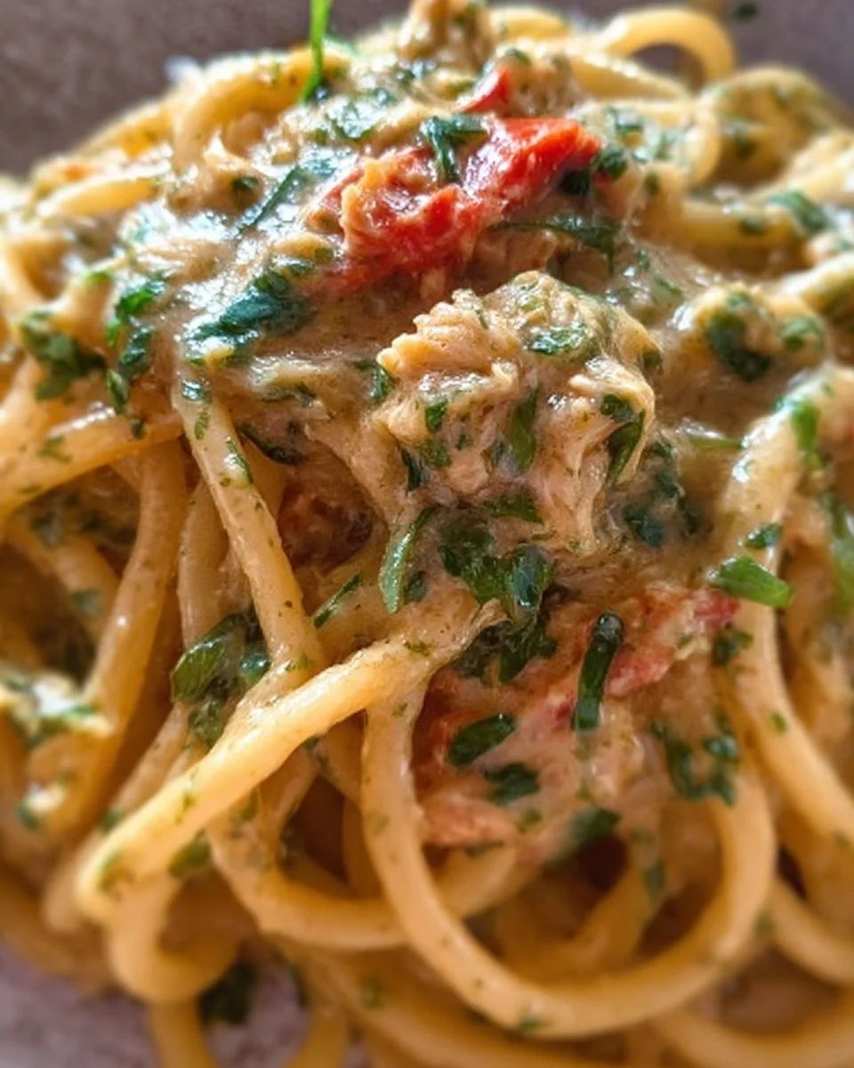 Spaghetti al Pesto di Tonno serviti in un piatto garnito