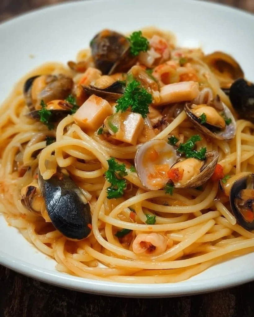 Piatto di spaghetti con calamari e cozze, ricetta di mare italiana