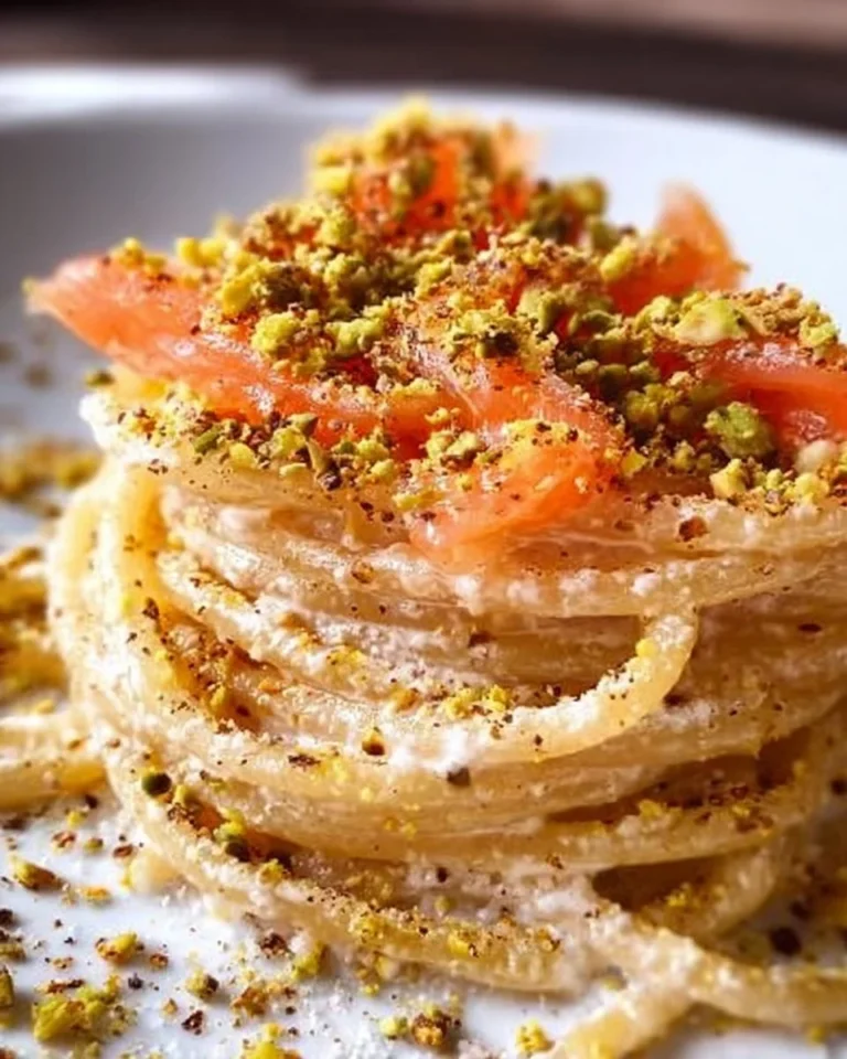Spaghetti con crema di parmigiano, pistacchio e salmone su un piatto elegante