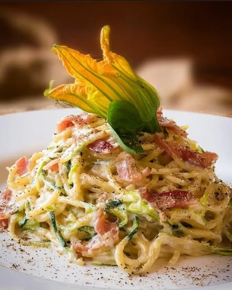 Piatti di spaghetti crema di parmigiano con speck e fiori di zucca
