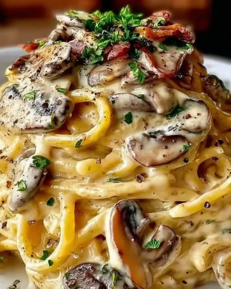 Piatto di Spaghetti Cremosi con Funghi e Pancetta, ricco e gustoso