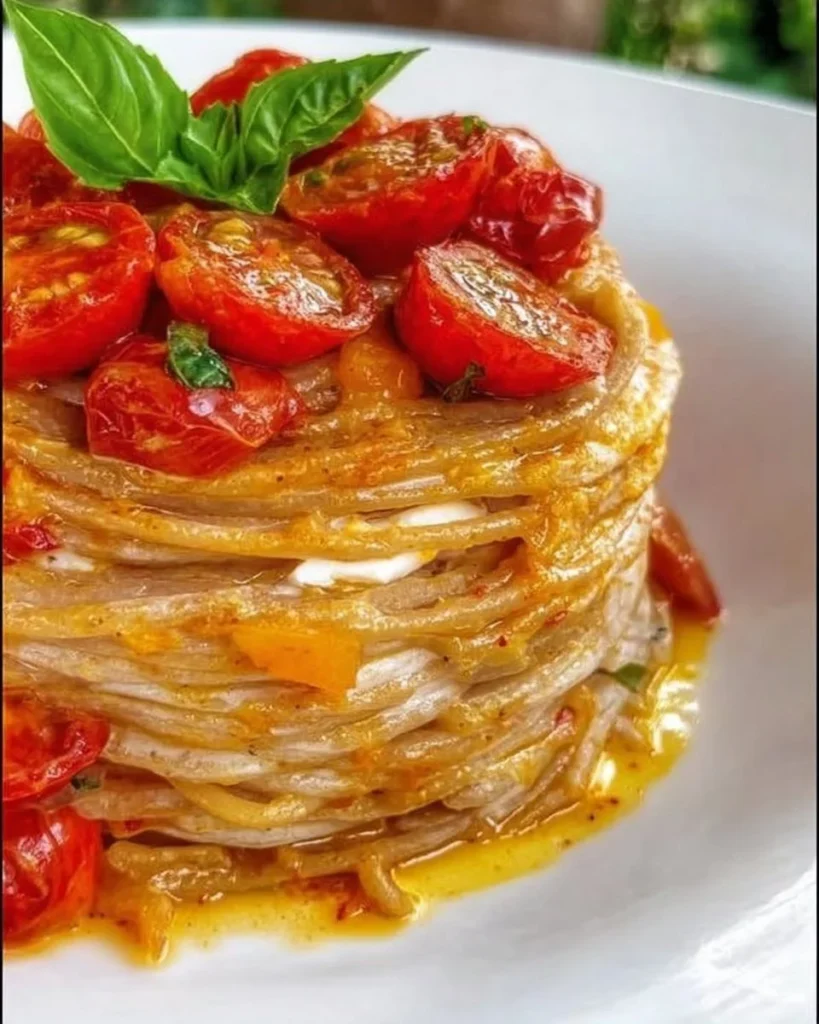 Spaghetti con pomodorini datterini, burrata e basilico fresco in un piatto elegante.
