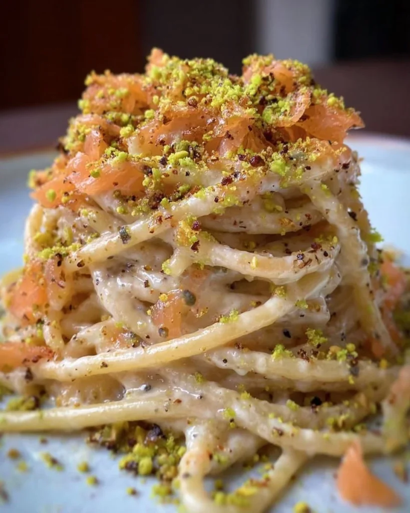 Spaghetti con crema di parmigiano, pistacchio e salmone su un piatto elegante.