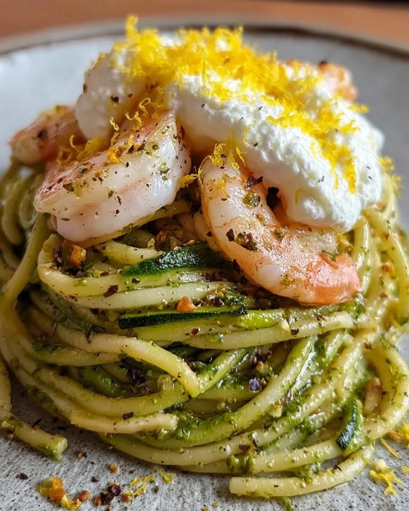 Spaghetti con zucchine, gamberi, stracciatella e zest di limone in un piatto gourmet