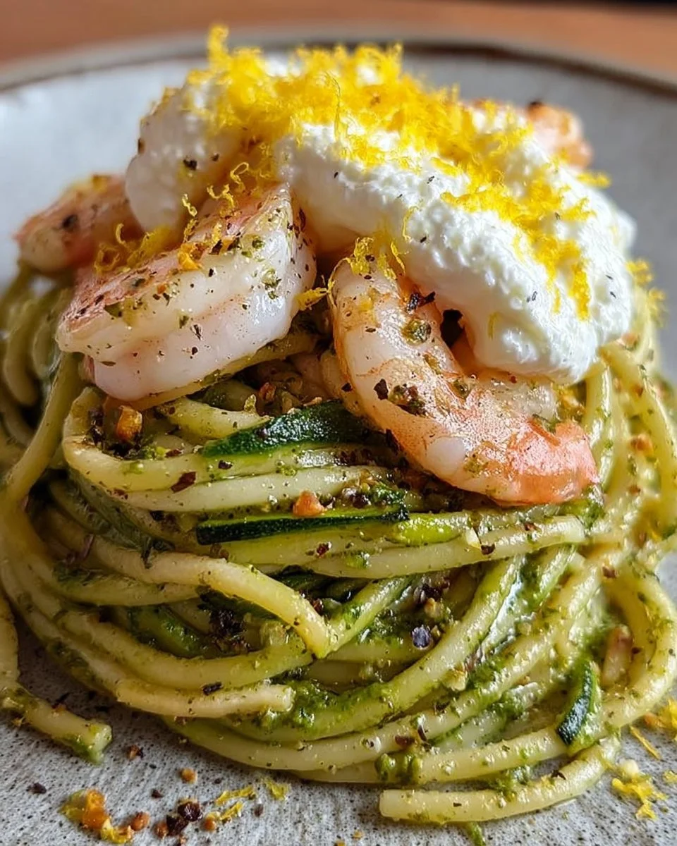 Spaghetti con zucchine, gamberi, stracciatella e zest di limone in un piatto gourmet