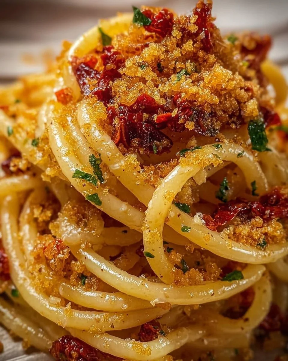 Spaghettoni aglio olio e peperoncino con pomodori secchi e croccante mollica