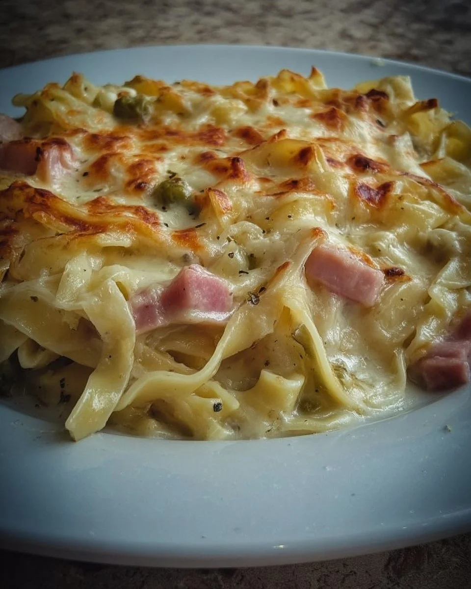 Tagliatelle al Forno con Besciamella, Mozzarella e Prosciutto servito in una pentola.