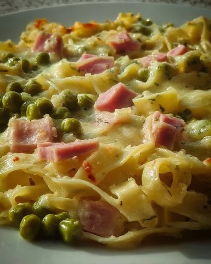 Tagliatelle al forno con prosciutto cotto e piselli appena sfornati