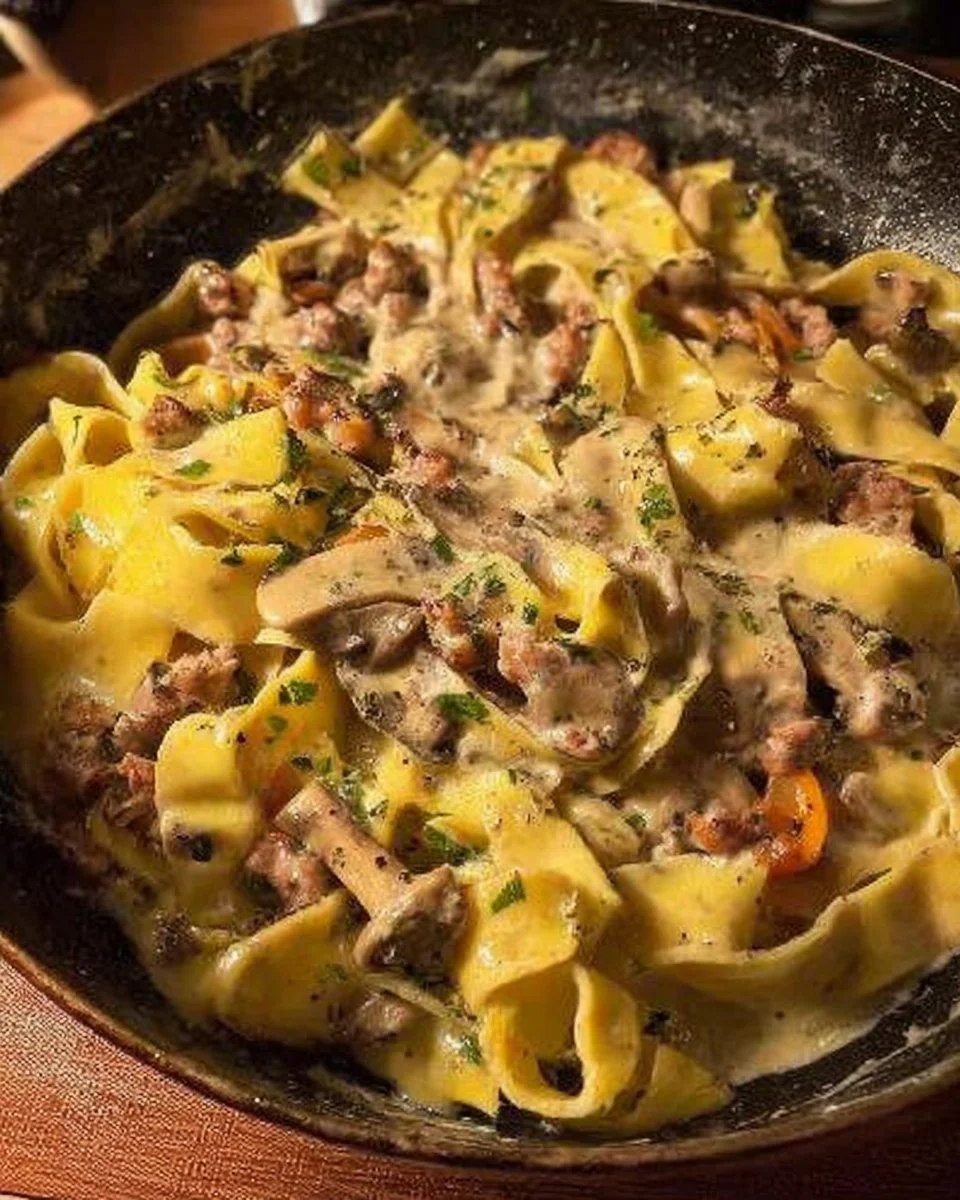 Tagliatelle panna funghi e salsiccia servite in un piatto gourmet.