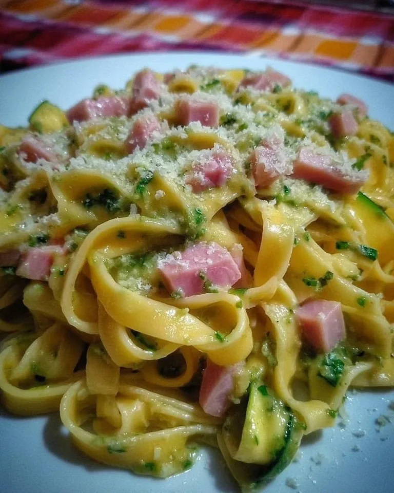 Tagliatelle con zucchine, prosciutto cotto e parmigiano serviti in un piatto