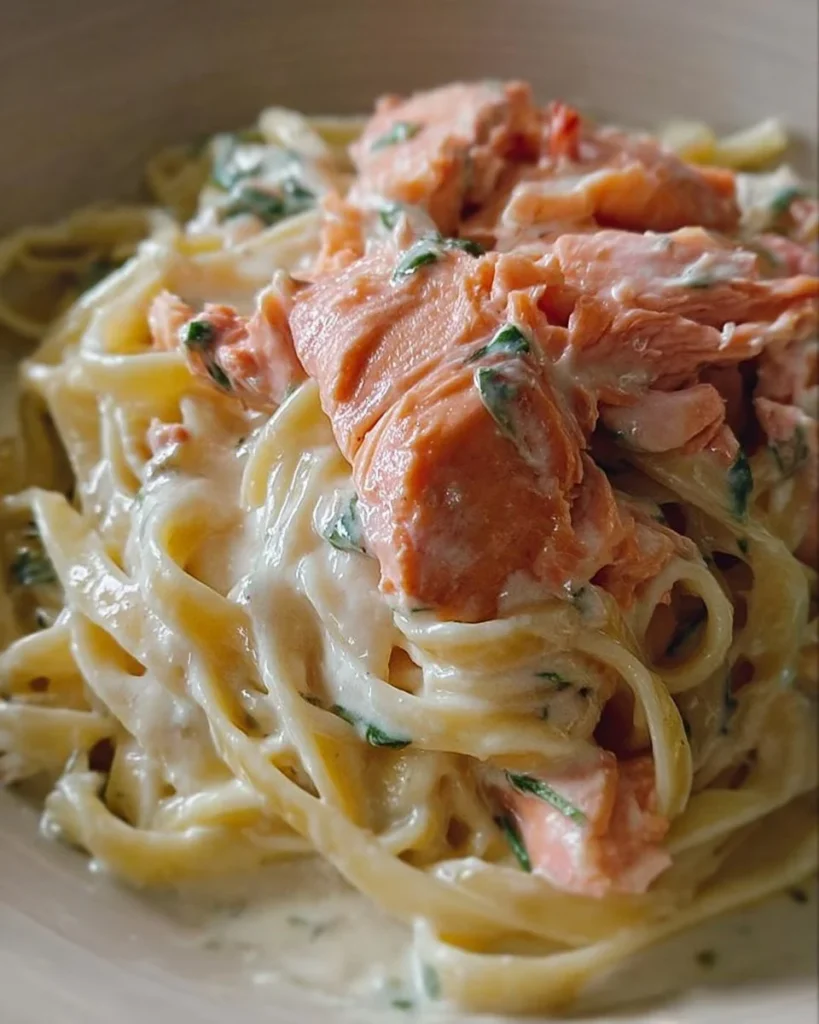 Piatto di Tagliolini al Salmone con crema di salmone fresco e erbe aromatiche