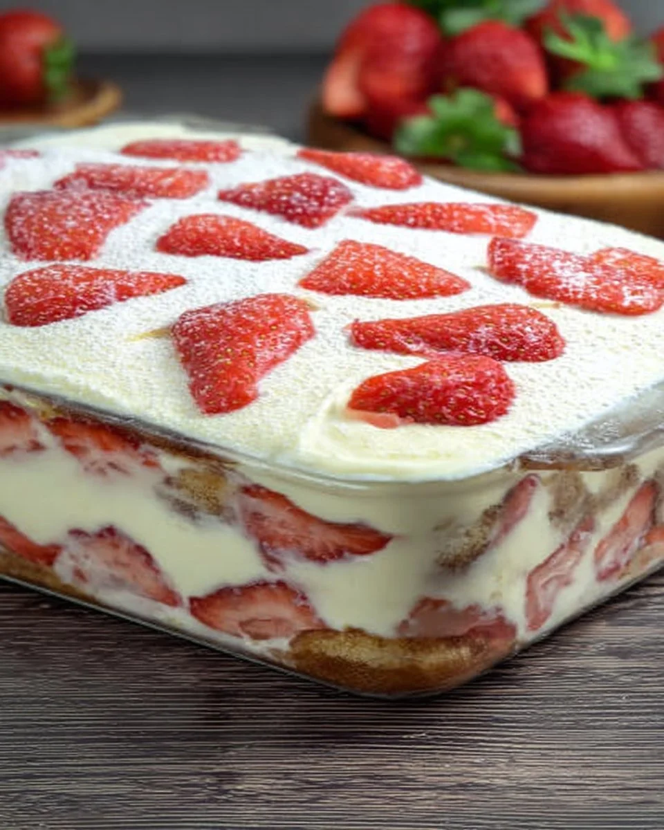 Tiramisù alle fragole con mascarpone su un piatto bianco