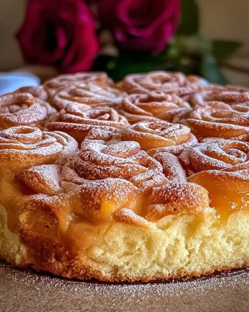 Torta di Rose Mantovana decorata con rose di pasta lievitata.