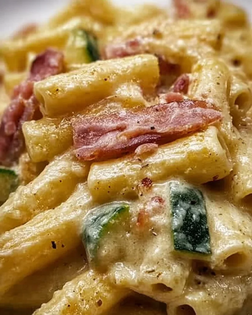 Tortiglioni con zucchine, bacon e crema di parmigiano in un piatto