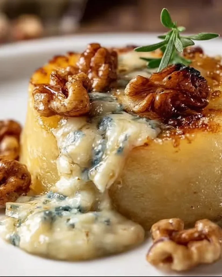 Tortino di Patate con Cuore Fondente di Gorgonzola e Noci servito in un piatto