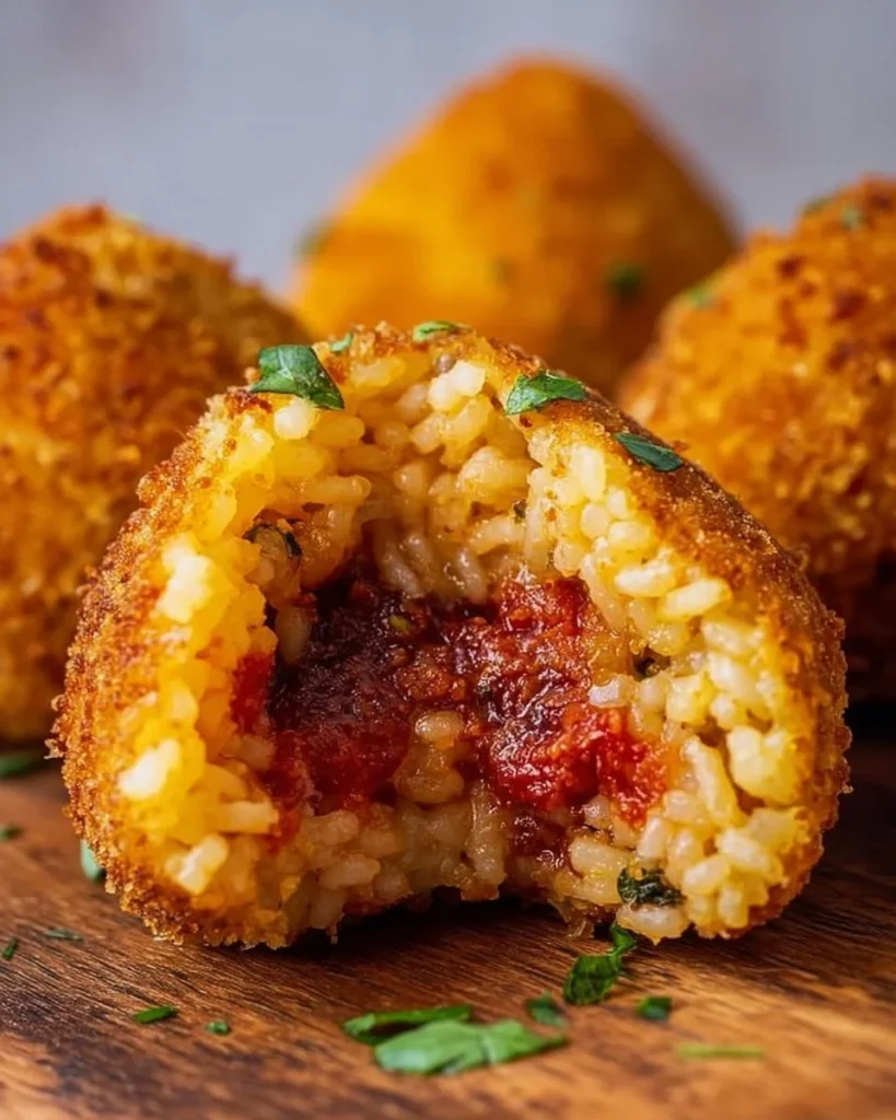 Arancini di riso alla siciliana croccanti e dorati, pronti per essere gustati