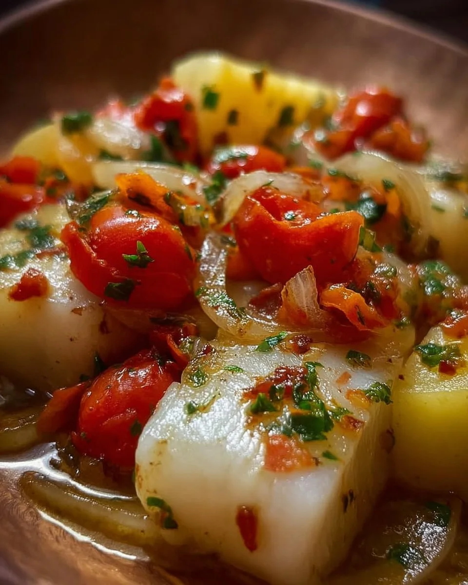 Baccalà con patate, pomodorini e cipolle servito in un piatto elegante.