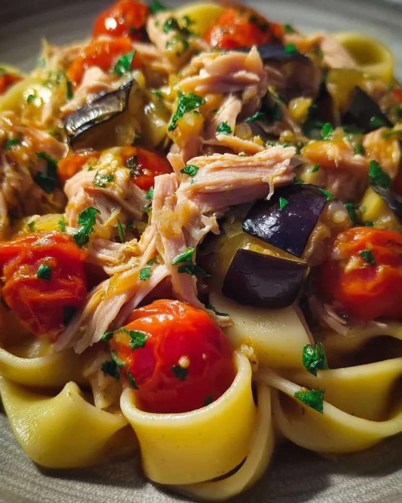 Calamarata con tonno fresco, melanzane e pomodorini freschi