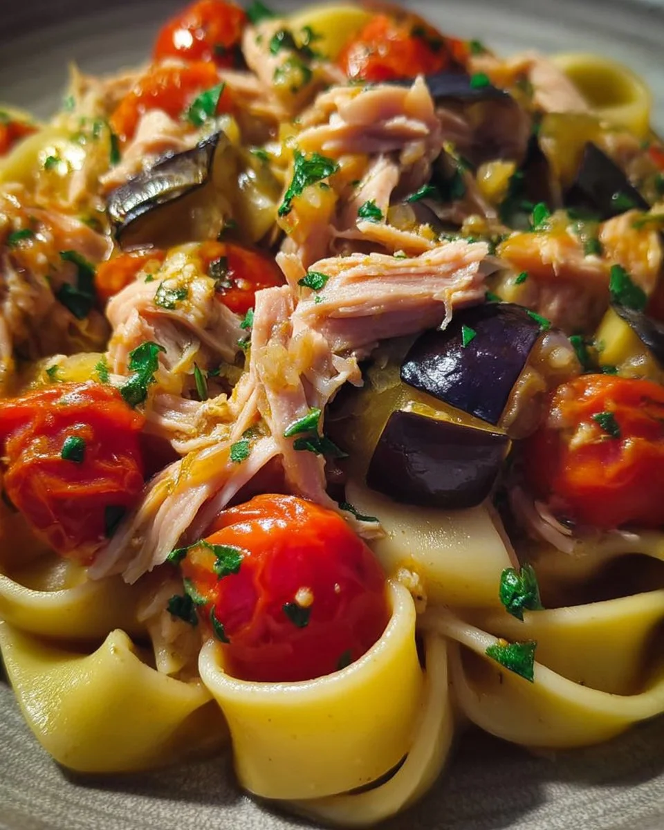 Calamarata con tonno fresco, melanzane e pomodorini freschi