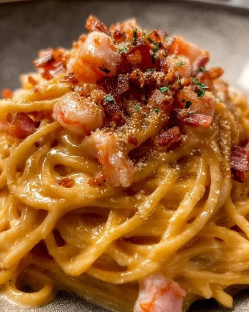 Piatto di carbonara di mare con frutti di mare freschi e pasta