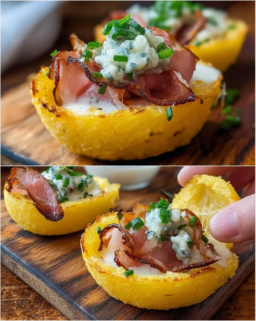 Cestini di Polenta farciti con Gorgonzola e Speck su un piatto di ceramica