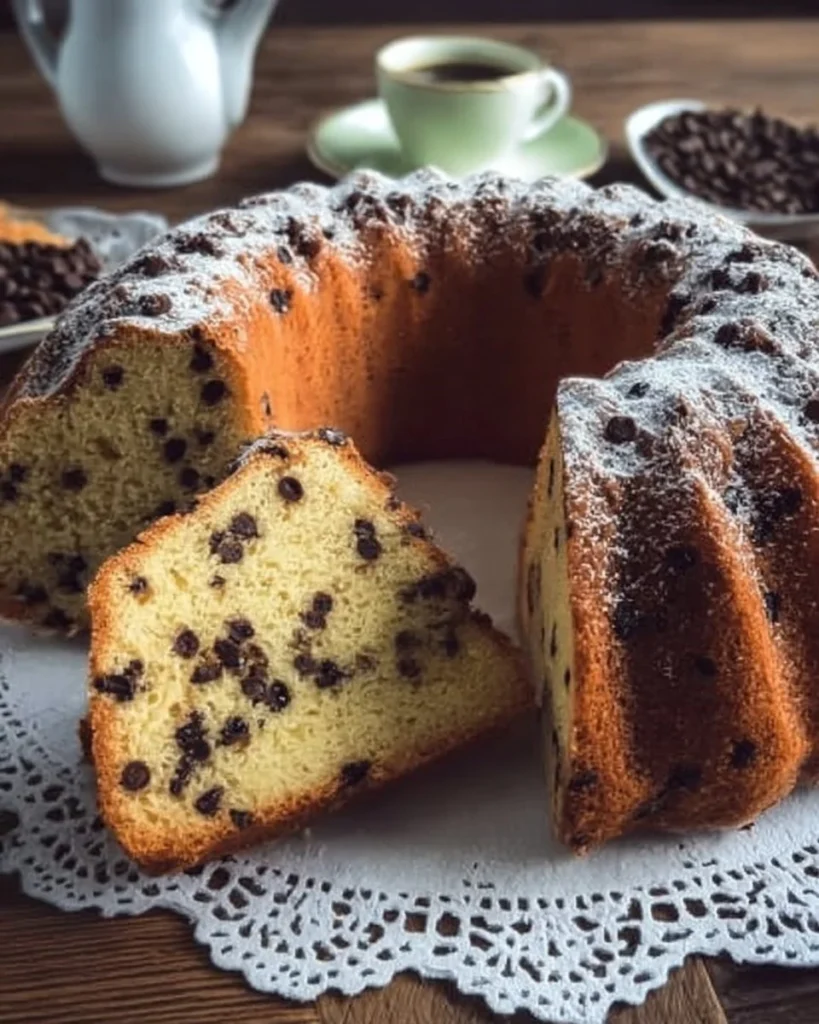 Ciambellone con Gocce di Cioccolato Fondente su piatto decorato