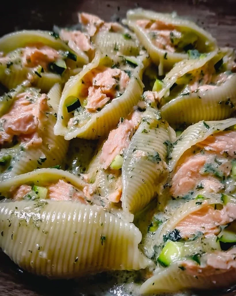 Conchiglioni con zucchine e salmone in un piatto gourmet
