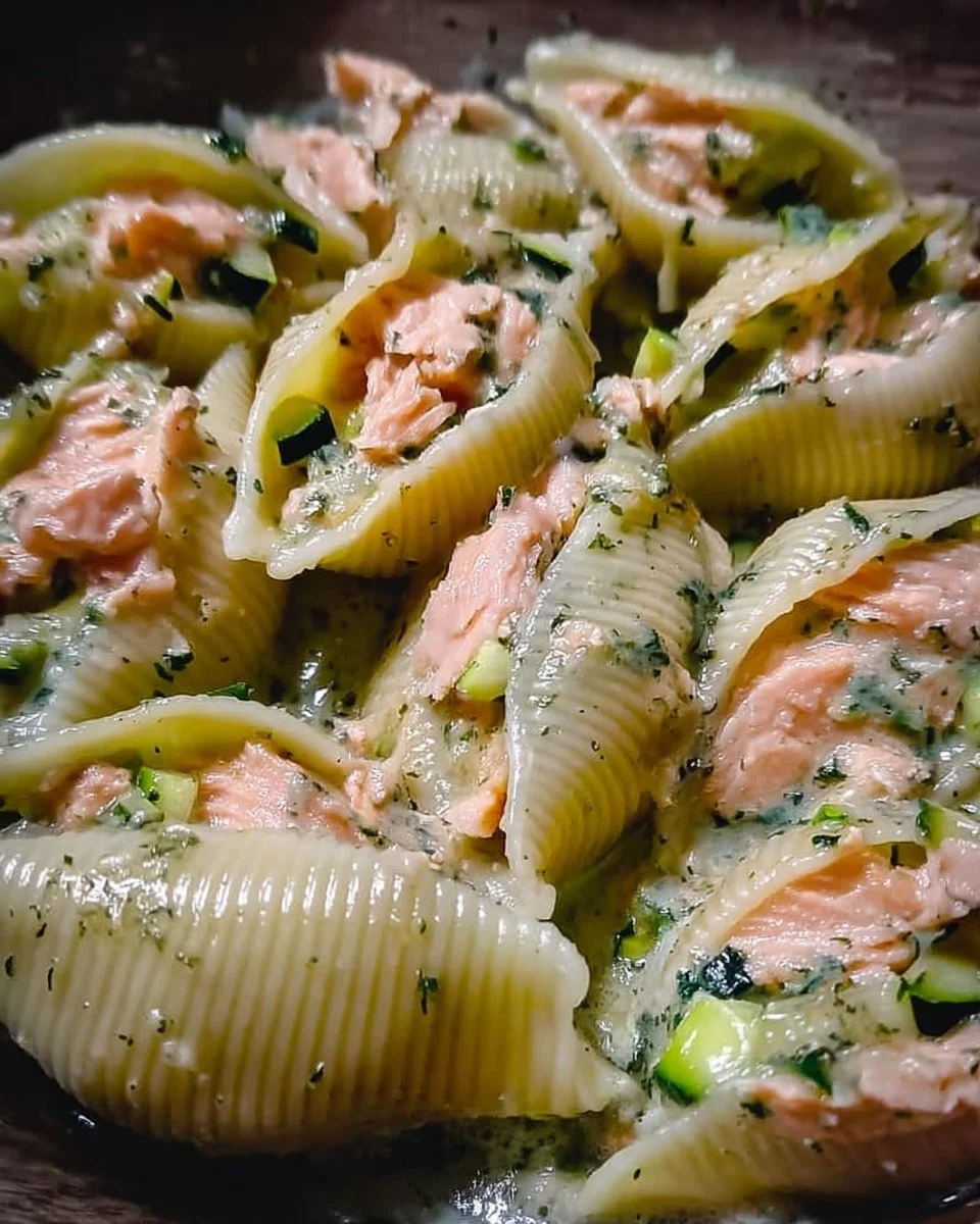 Conchiglioni con zucchine e salmone in un piatto gourmet