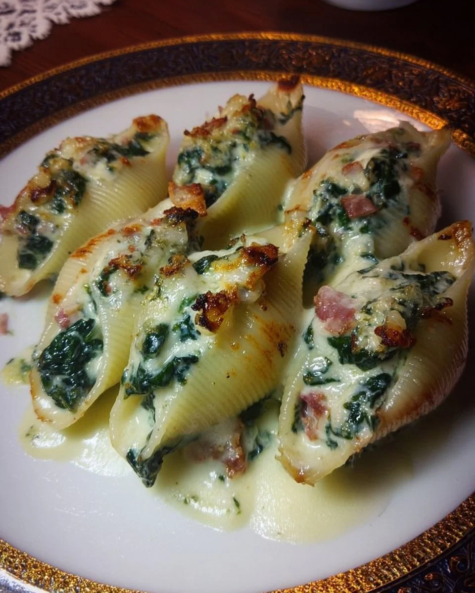 Conchiglioni ripieni con spinaci, ricotta, speck e besciamella serviti in un piatto