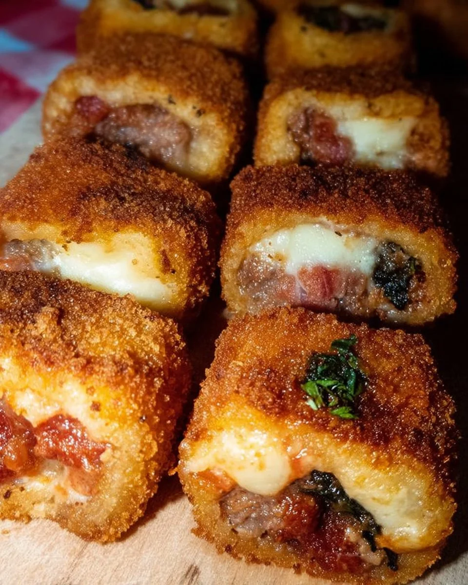 Crocche' ripieni di salsiccia e friarielli con provola su un piatto