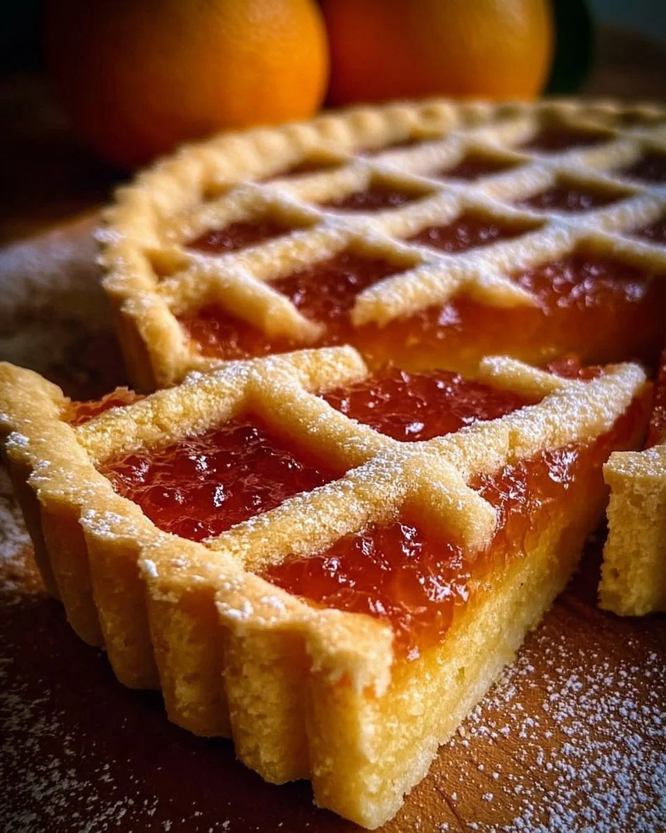 Crostata con frolla all'arancia pronta da servire con decorazioni