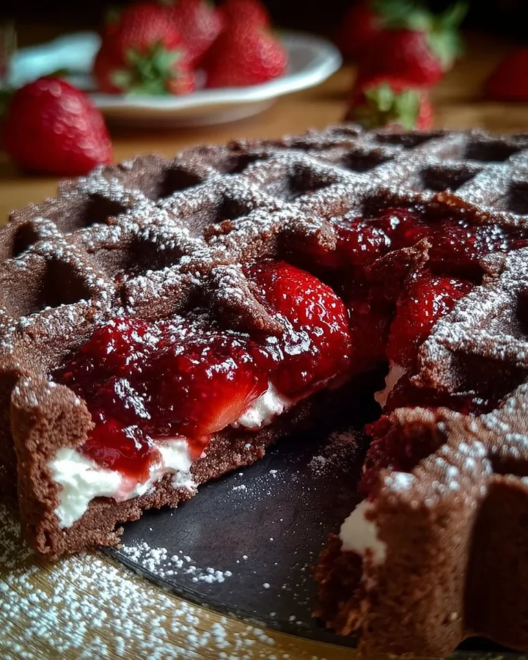 Crostata di frolla al cacao con ripieno di ricotta e marmellata di fragole