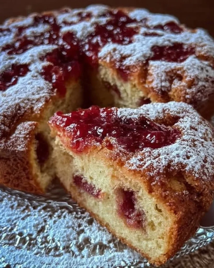 Fetta di torta soffice con marmellata di fragole su piatto bianco