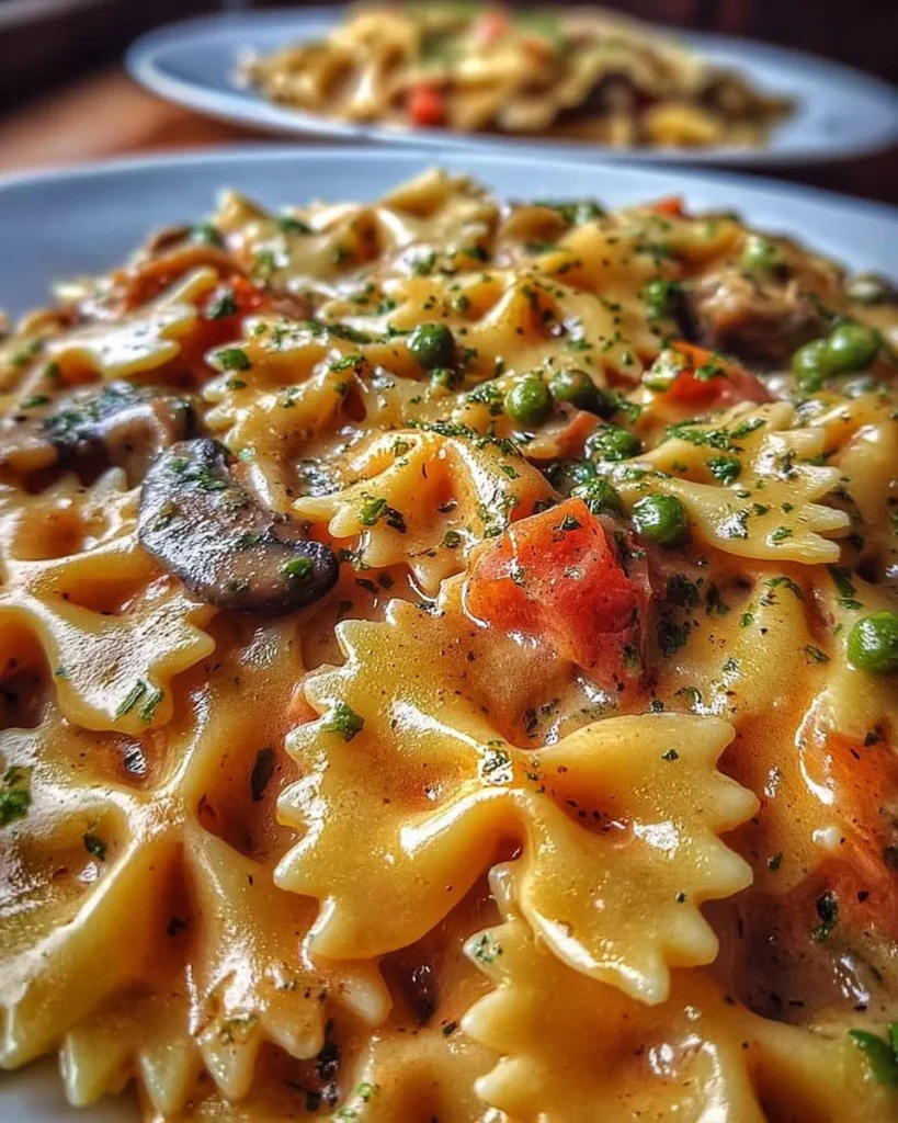 Farfalle alla Boscaiola con funghi e pancetta in un piatto gourmet