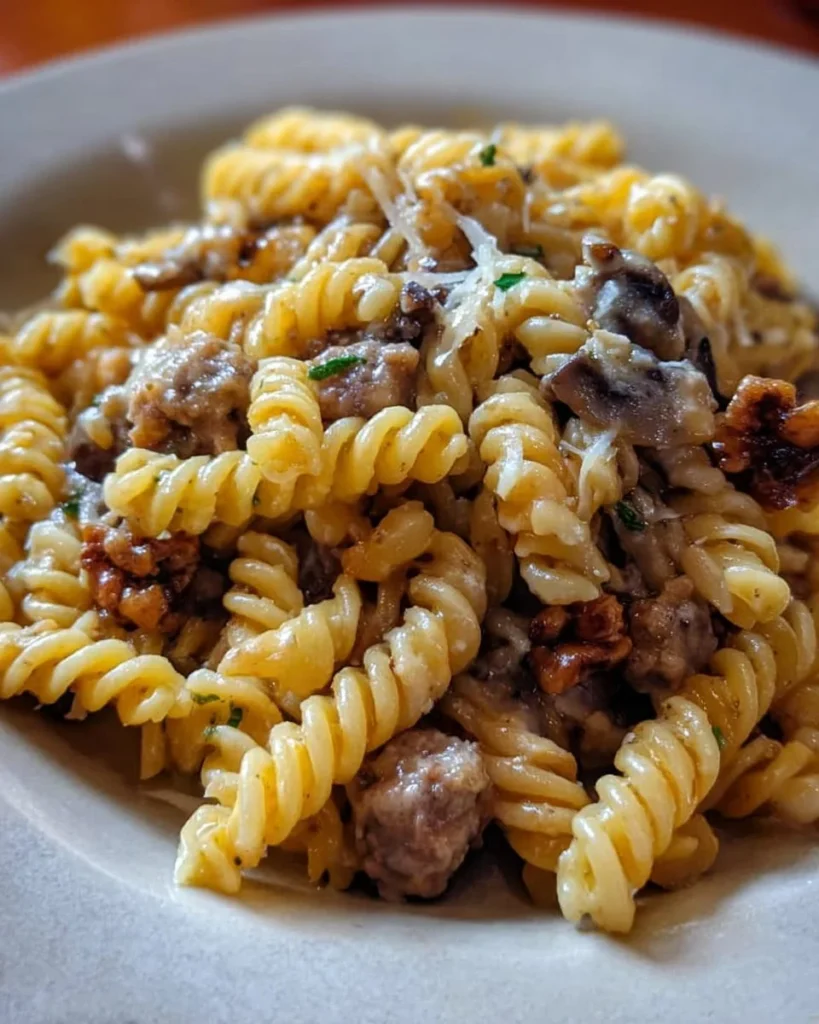 Fusilli con Salsiccia, Funghi e Noci in un piatto delizioso e invitante