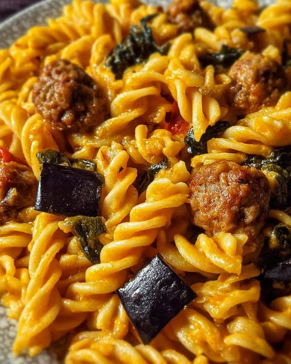 Fusilli napoletani con salsiccia, melanzane e zafferano in un piatto colorato