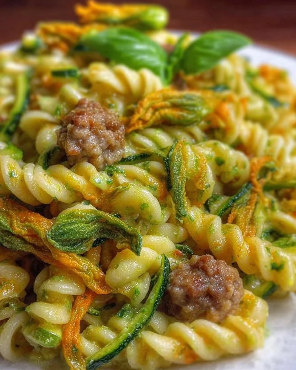 Fusilli con fiori di zucchina, zucchine e salsiccia serviti in un piatto
