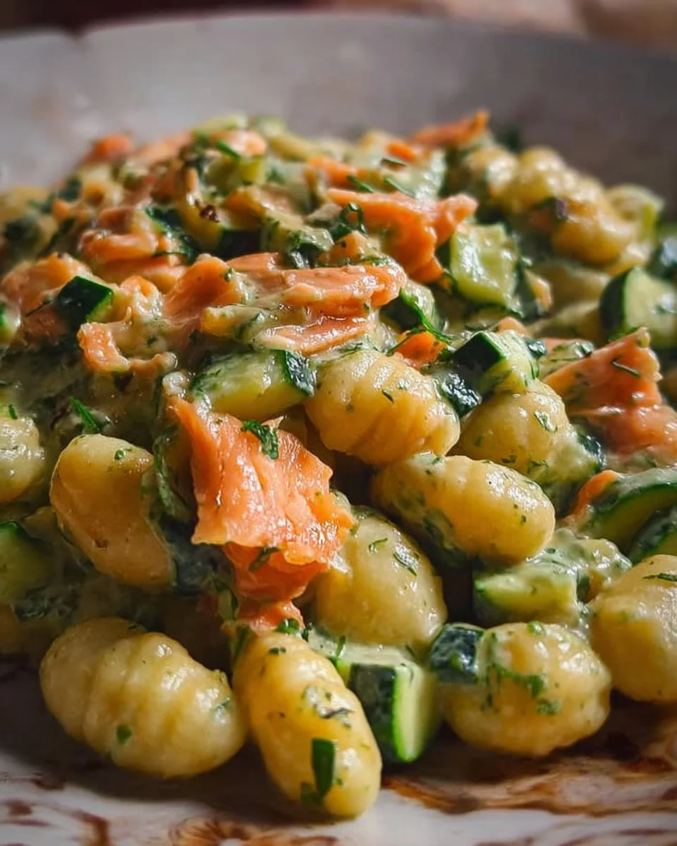Gnocchetti zucchine con salmone affumicato in un piatto