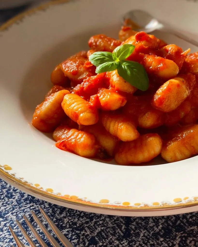 Gnocchi di fagioli serviti con salsa e decorazione.