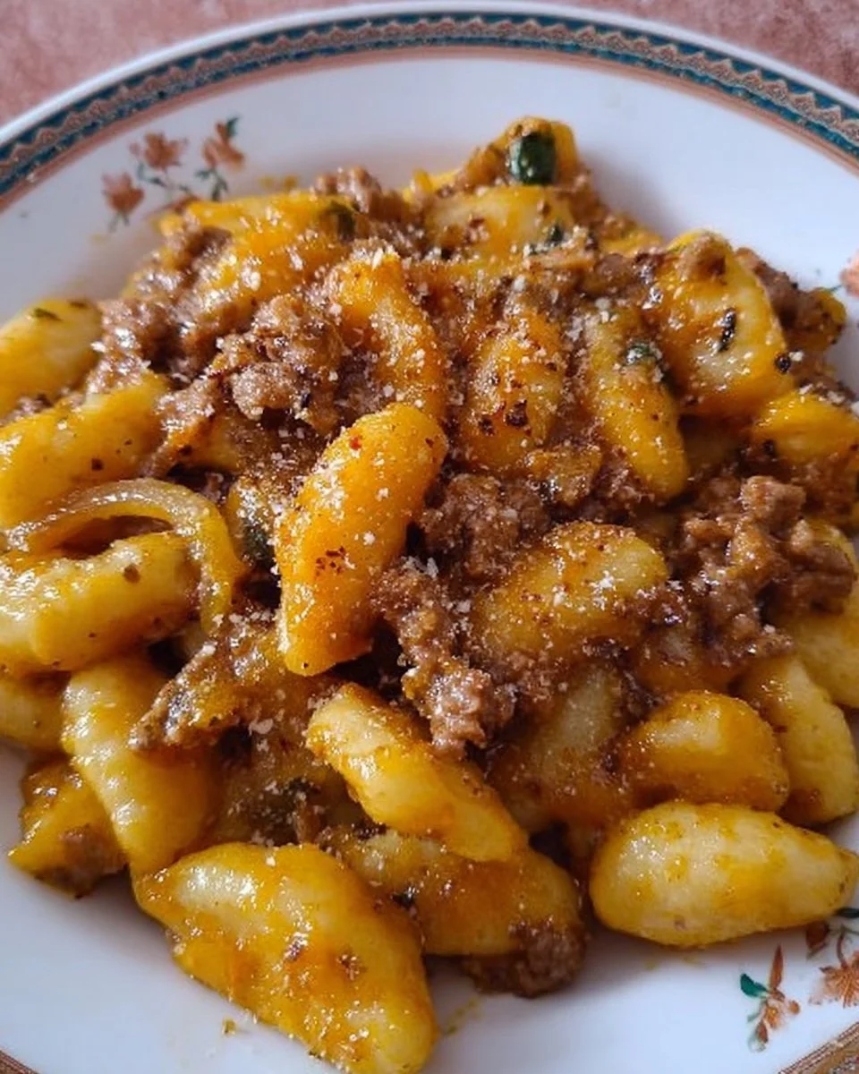 Gnocchi di Patate con Salsiccia, Cipolla e Zafferano pronti da servire.