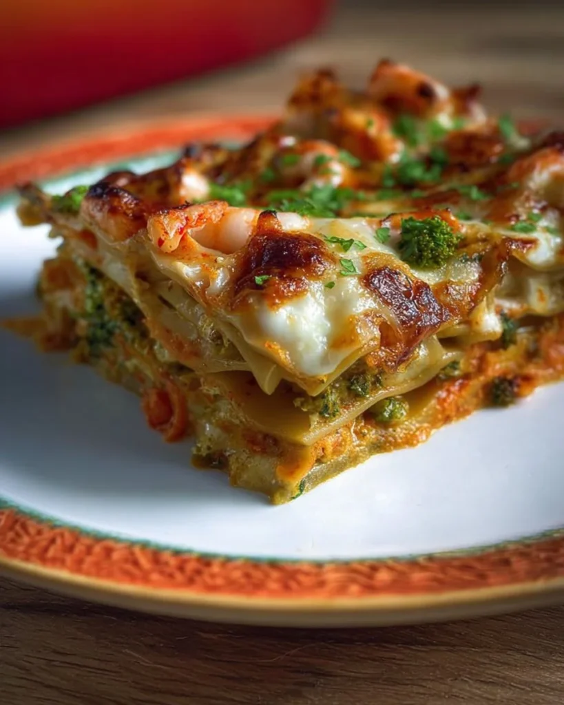 Lasagna di mare con frutti di mare freschi e salsa di pomodoro