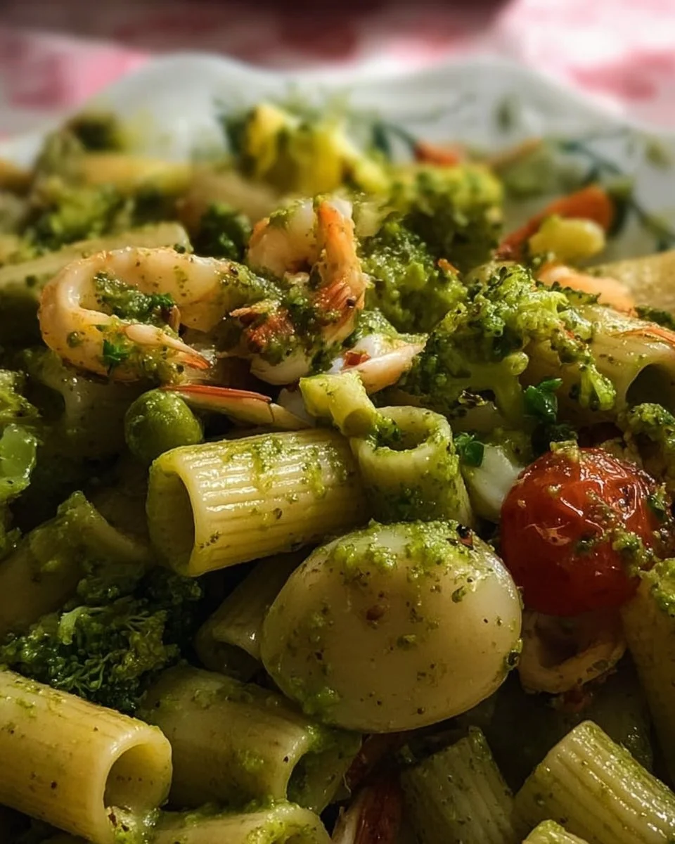 Pasta Mezze Maniche con broccoli, pomodori e frutti di mare