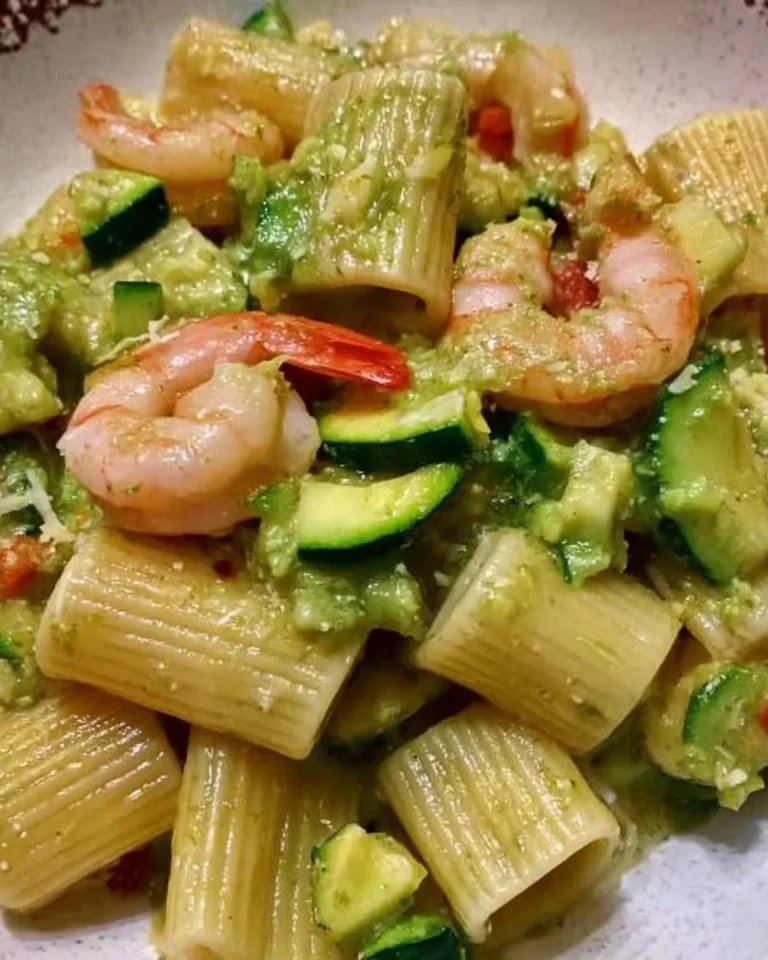 Piatto di mezzi paccheri con gamberi e zucchine servito
