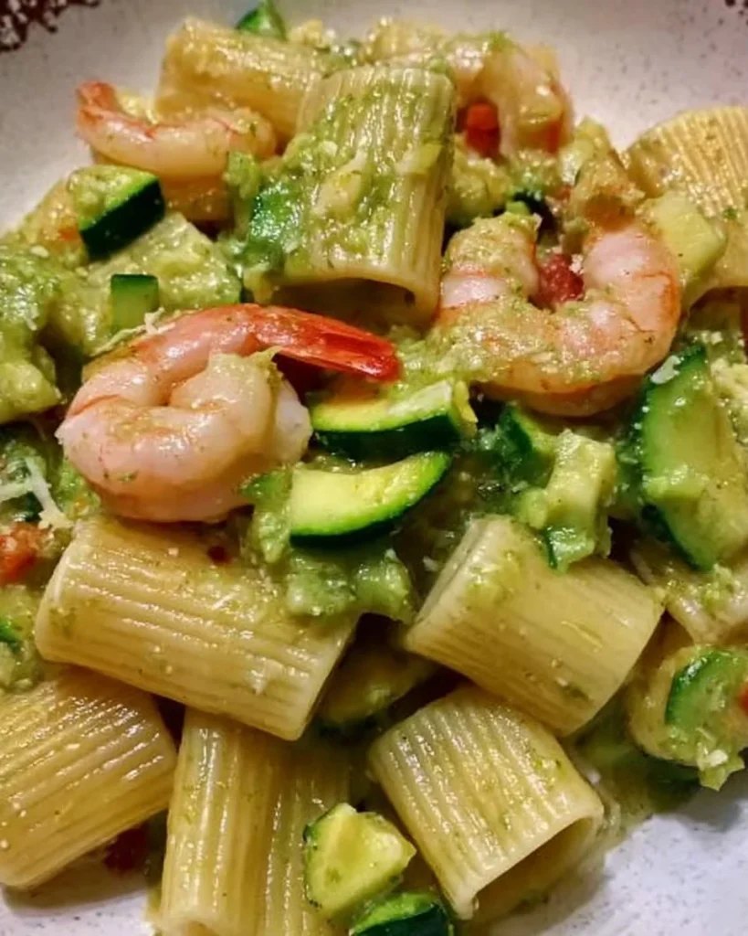 Piatto di mezzi paccheri con gamberi e zucchine servito