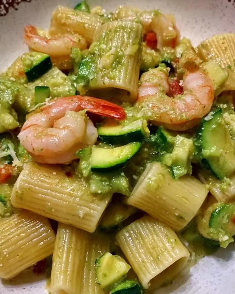 Piatto di mezzi paccheri con gamberi e zucchine servito