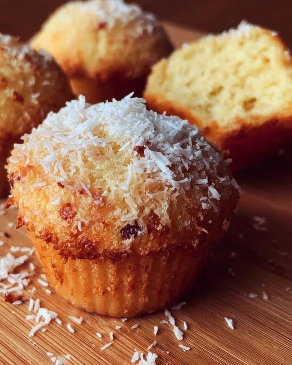 Muffin al cocco soffici e deliziosi, decorati con scaglie di cocco.