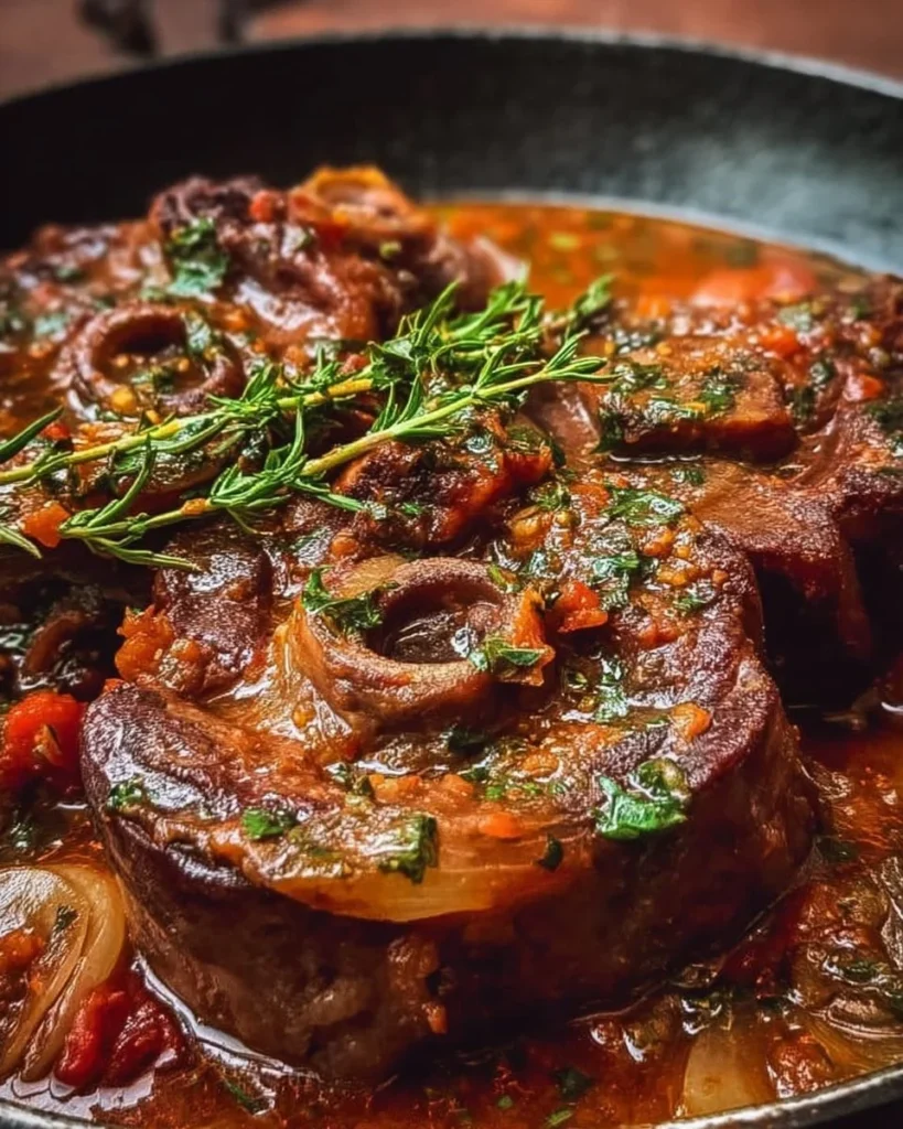 Ossobuco cucinato con contorni e guarnizioni sul piatto